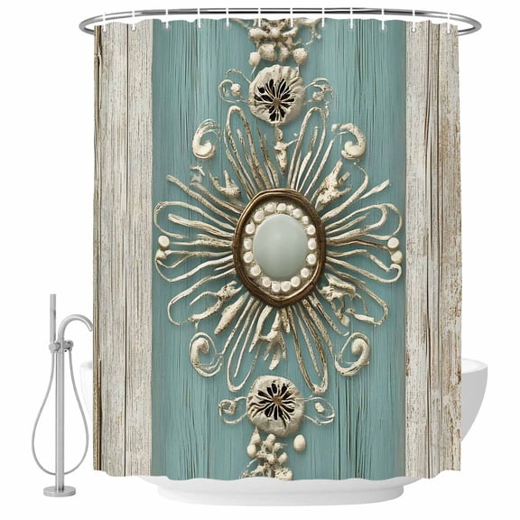 Vintage Teal Art Shower Curtain Set - Standard 72" x 72" Washable Bathtub Curtain with 12 Hooks, Retro Abstract Art Waterproof Fabric Stall Shower Curtains for Bathroom/Bathtub Décor