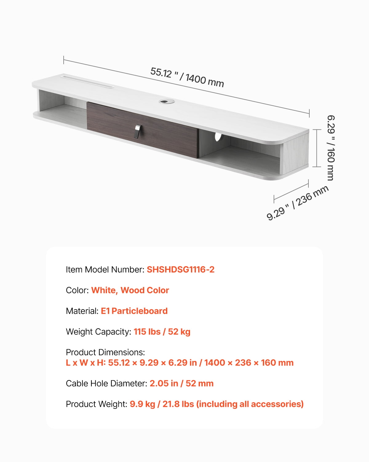VEVOR Floating TV Stand, 55 in Wall Mount Entertainment Center with Cable Hole, Modern Floating TV Shelf with Storage Cabinet, Particle Board Console for DVD Player, Cable Box, Game Console, White
