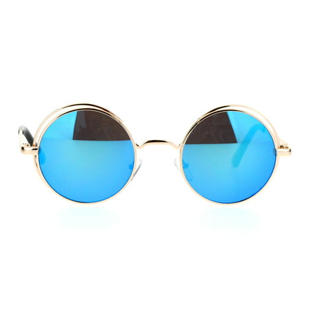 SA106 Mirrored Mirror Round Circle Len Double Rim Sunglasses Gold Light Blue