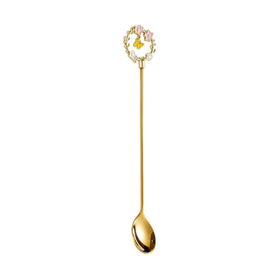 Cute Cartoon Character Long-Handle Stirring Spoon, 16.5cm Gold-Plated Metal Tableware, Drink Mixing Spoon for Coffee/Tea/Milkshakes, Home Kitchen Utensil
