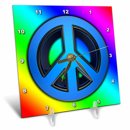 3dRose Peace sign over rainbow background love, Desk Clock, 6 by