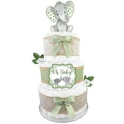 Elephant 3-Tier Diaper Cake - Gender Neutral Baby Shower Gift - "Oh Baby" - Boy or Girl Newborn Gift - Sage Green