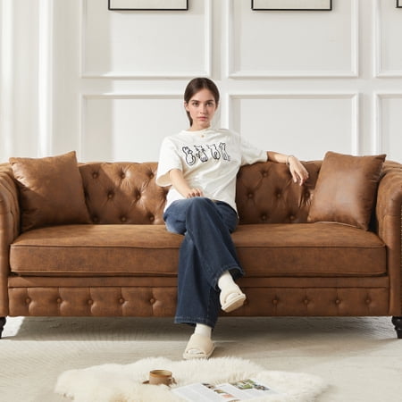 85.5 Inch Tech Fabric Chesterfield Sofa, 3-Seater Couch with Rolled Arms, Button Tufting, and Wood Legs for Living Room, Office, Apartment, Brown
