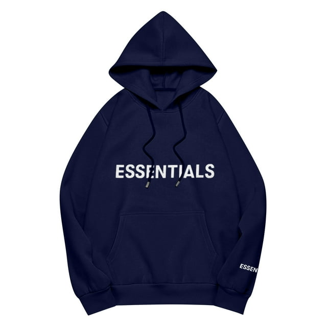 Pullover Hoodie with Adjustable Drawstring Hood and Front ESSENTIALS Lettering Print Casual Loose Fit Design Blue M