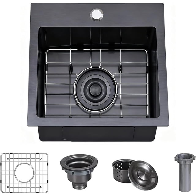 Gunmetal Kitchen Sink Topmount Drop in Stainless Steel Single Bowl Kitchen Gauge Extra-Thick Modern Bar Prep RV Laundry Sinks with Dish Grid and Basket Strainer