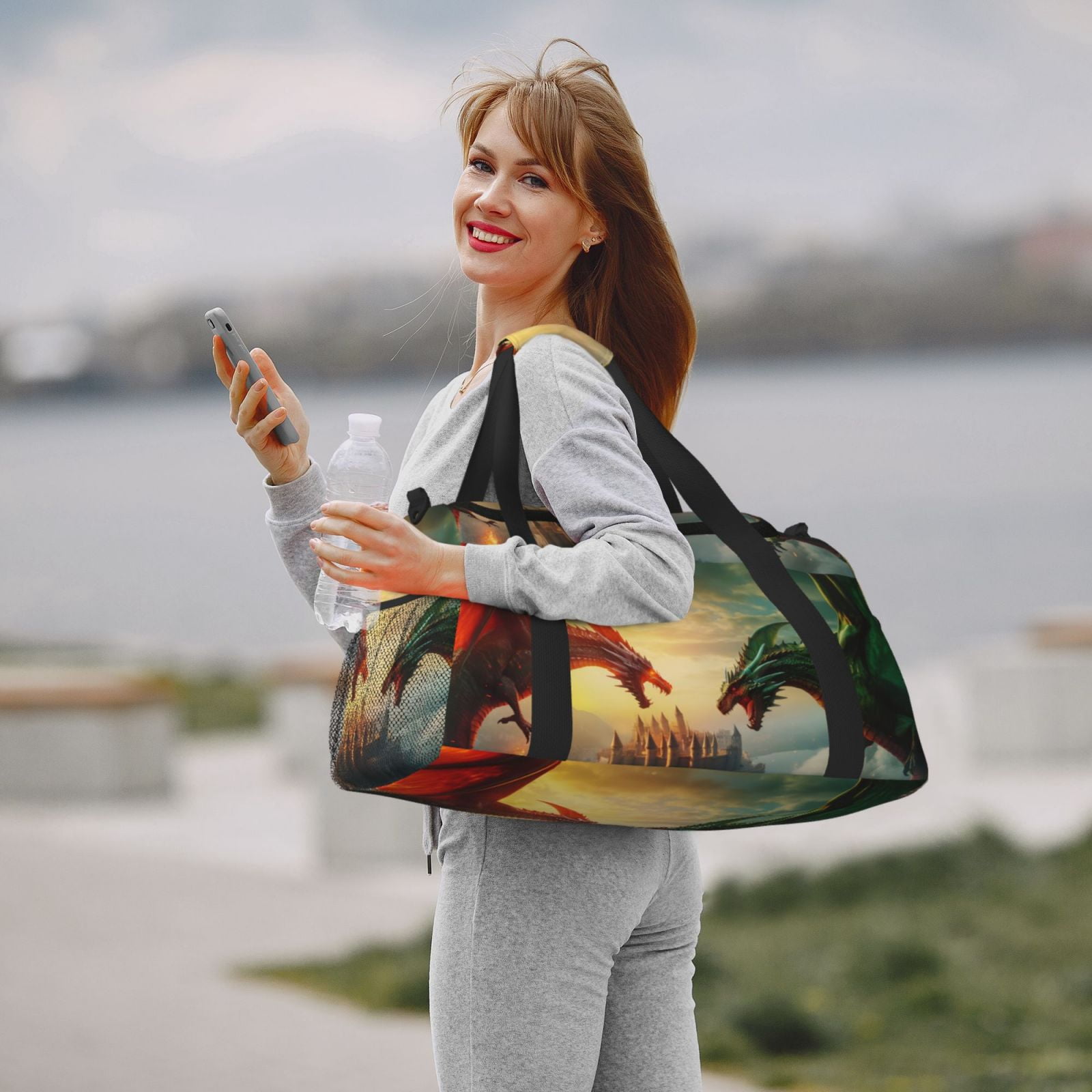 Fuzoiu Castle Red Green Sky Dragon Print Travel Duffle Bag,Carry On Tote Bags,Duffel Bag,Sport Gym Bag, Hospital Bag for Labor and Delivery, Overnight Bag,Luggage Bag