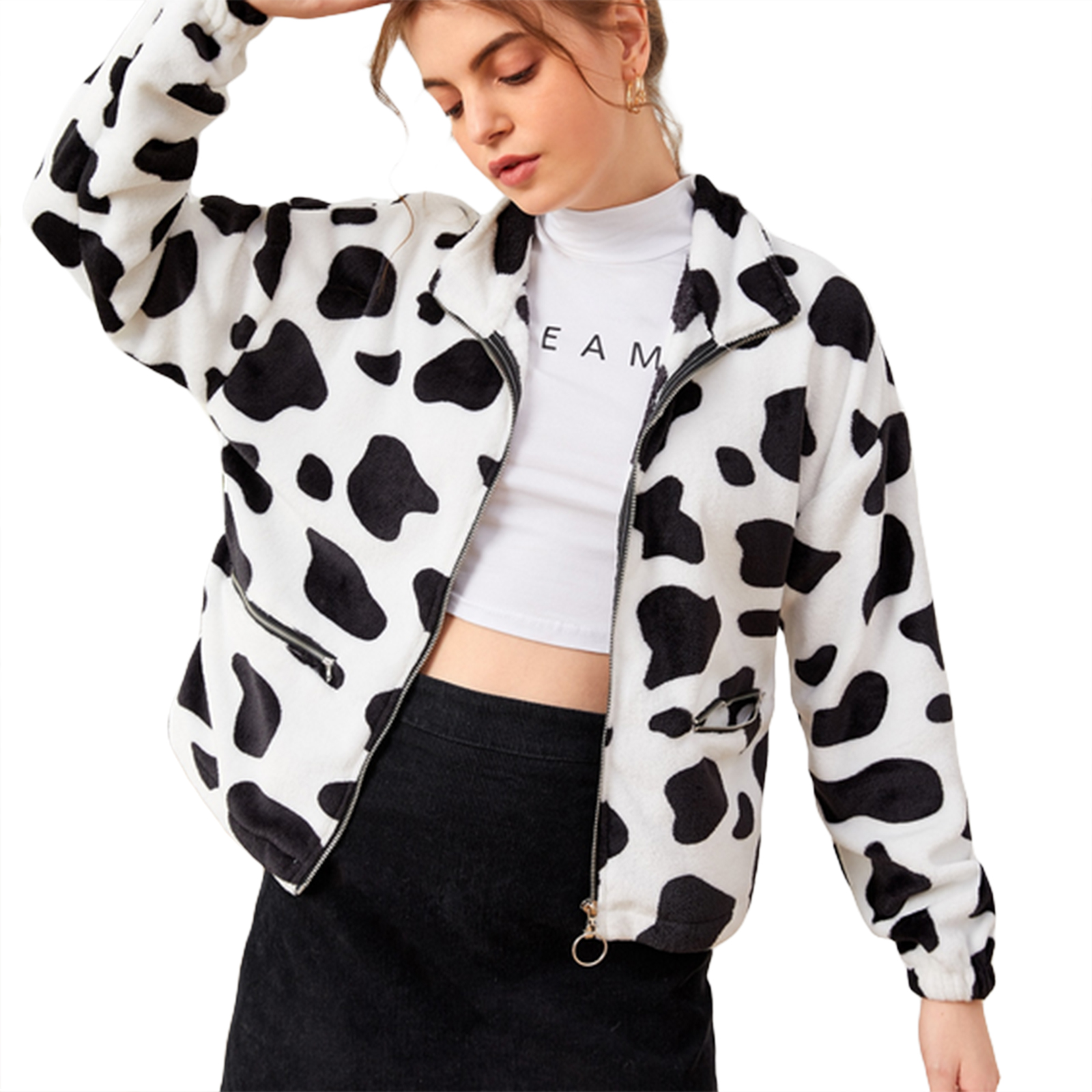 Long Sleeve Lapel Cow Print Fleece Coat 