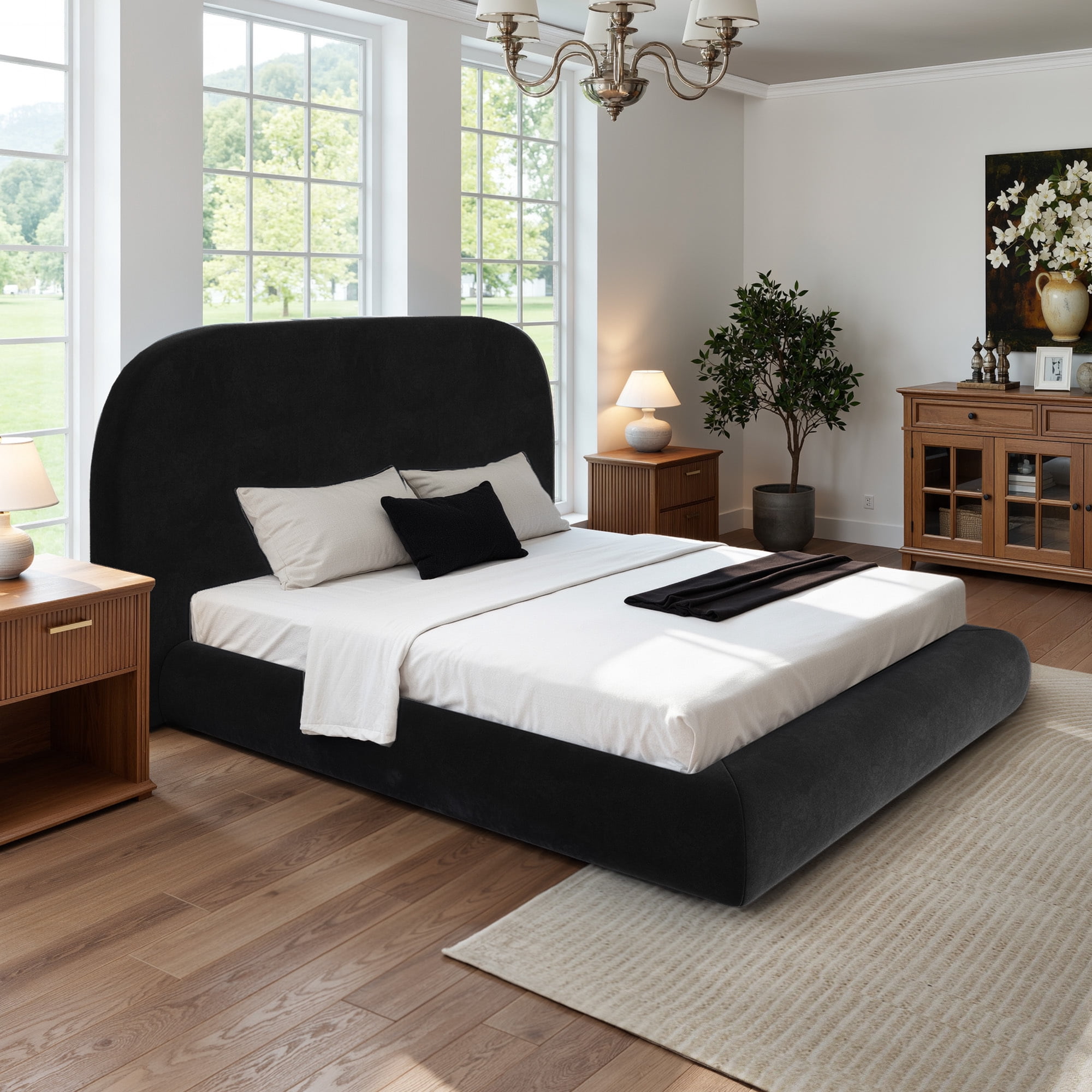 Uforic King Size Velvet Upholstered Platform Bed Frame, Modern Cloud Soft Bed with Rounded Corner Headboard & Footboard, Black