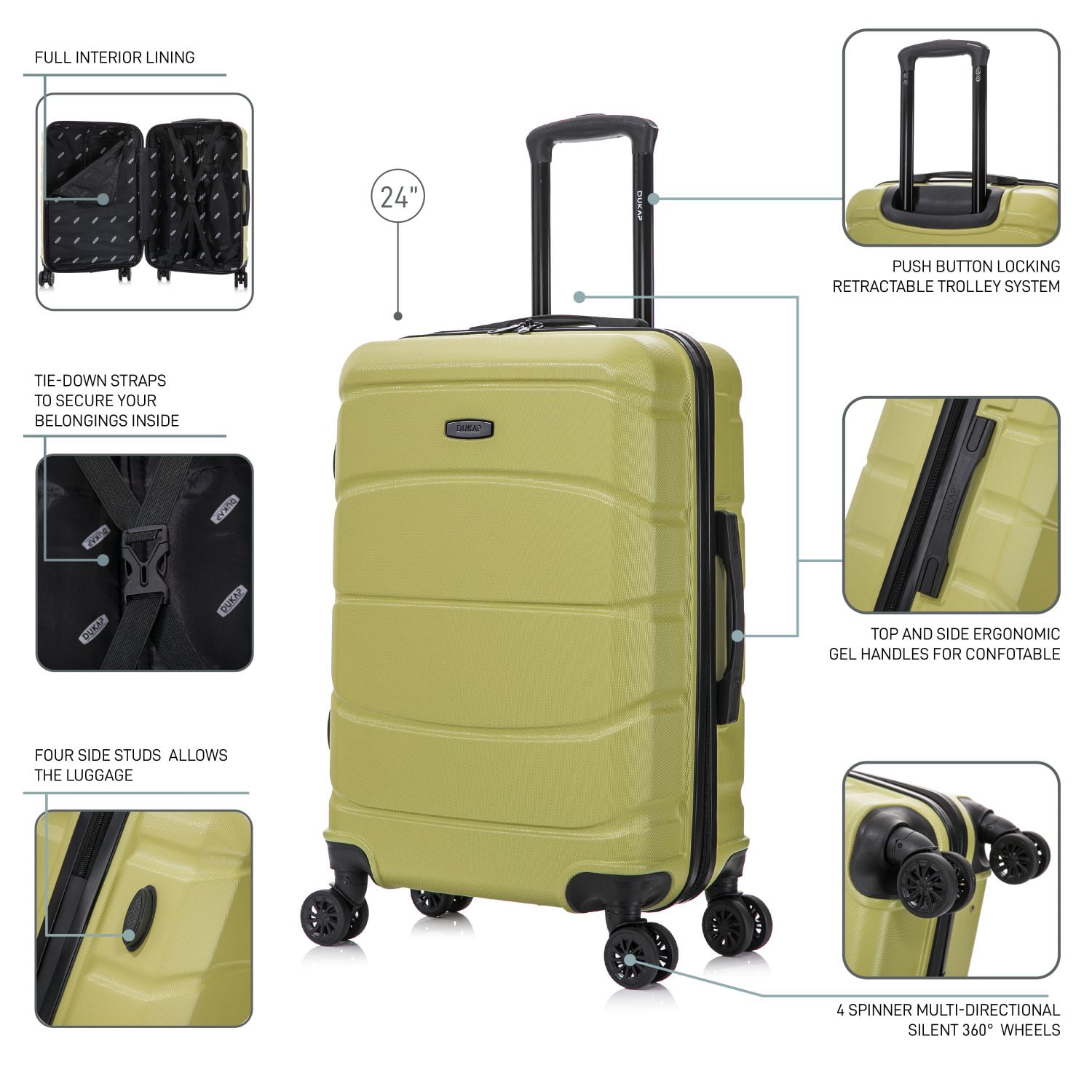 DUKAP SENSE 24" Hardside Lightweight Checked Luggage with Spinner Wheels, Handle and Trolley, Green