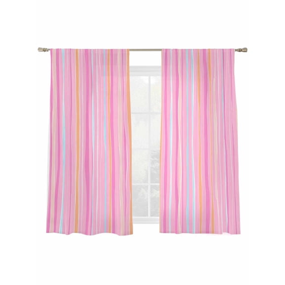 Pink Blue Line Sheer Curtains for Living Room Bedroom, Light-filtering Sheer Curtain, Abstract Rod Pocket Voile Window Treatment Drapes, 52’’Wx63’’L, 2 Panels Set