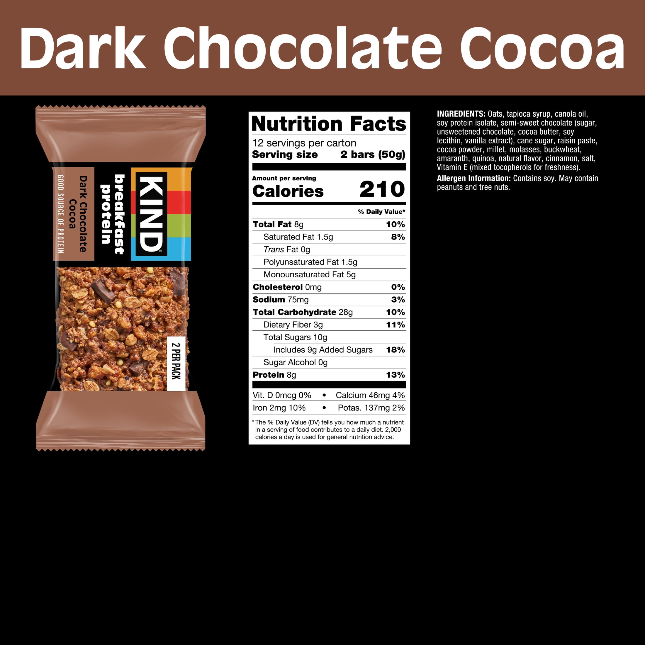 (3 pack) KIND Breakfast Protein Bars, Dark Chocolate Cocoa, Gluten Free, 8g Protein, 12 Packs