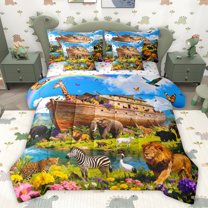 Homewish Wild Zoo Animal 7-Piece Bedding Comforter Set,Safari Lions Elephant King Bedding Sets,Colorful Flower Floral Bed Sheets For Boys Kids,Microfiber Bedroom Decor Reversible