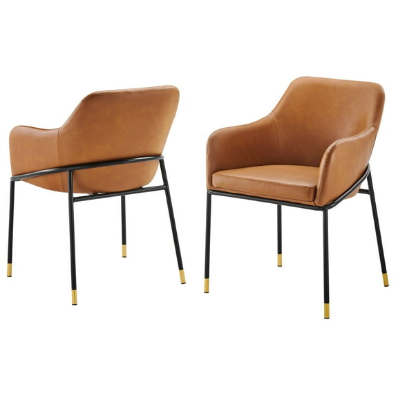 Side Dining Chair, Set of 2, Tan Black, Vegan Leather, Modern Contemporary, Mid Century Kitchen Room Cafe Bistro Restaurant Hospitality