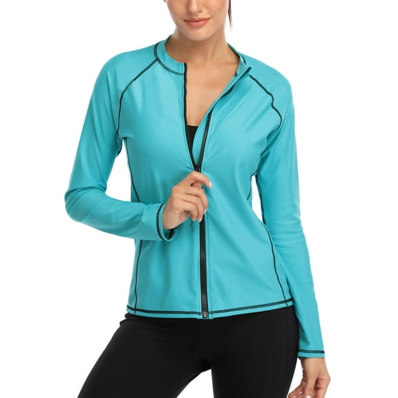 Charmo Womens Long Sleeve Rash Guard Full Zip Rashguard Bikini Cover Up UV Sun Protection Swim Shirt