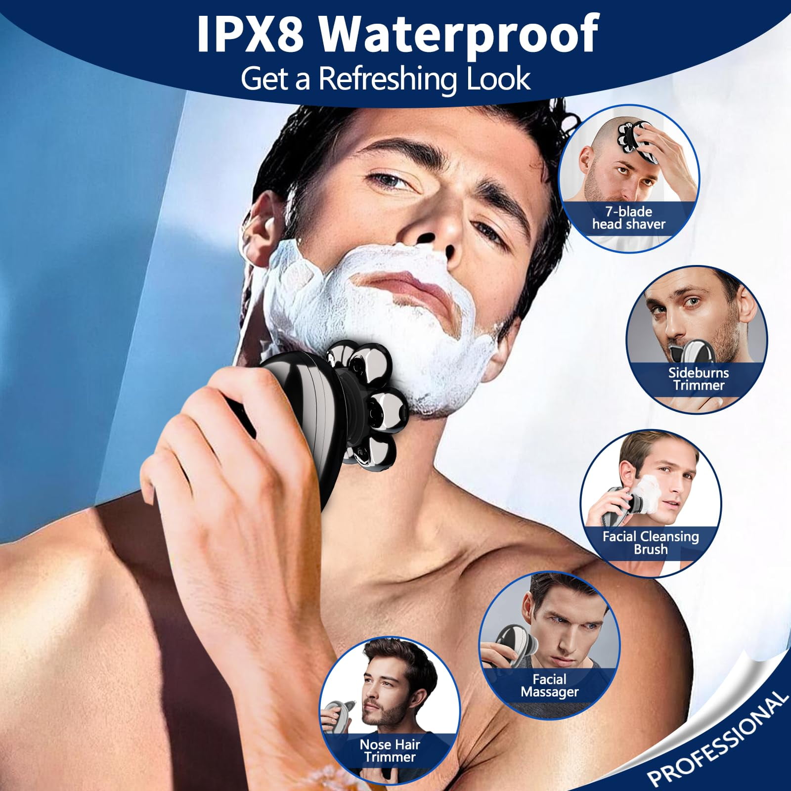 delpattern Head Shavers for Bald Men, Magnetic Electric Razor, 7D Rotary Shaver 5 in 1 Grooming Kit, IPX7 Waterproof, Wet/Dry, LED Display, Rechargeable, Cordless