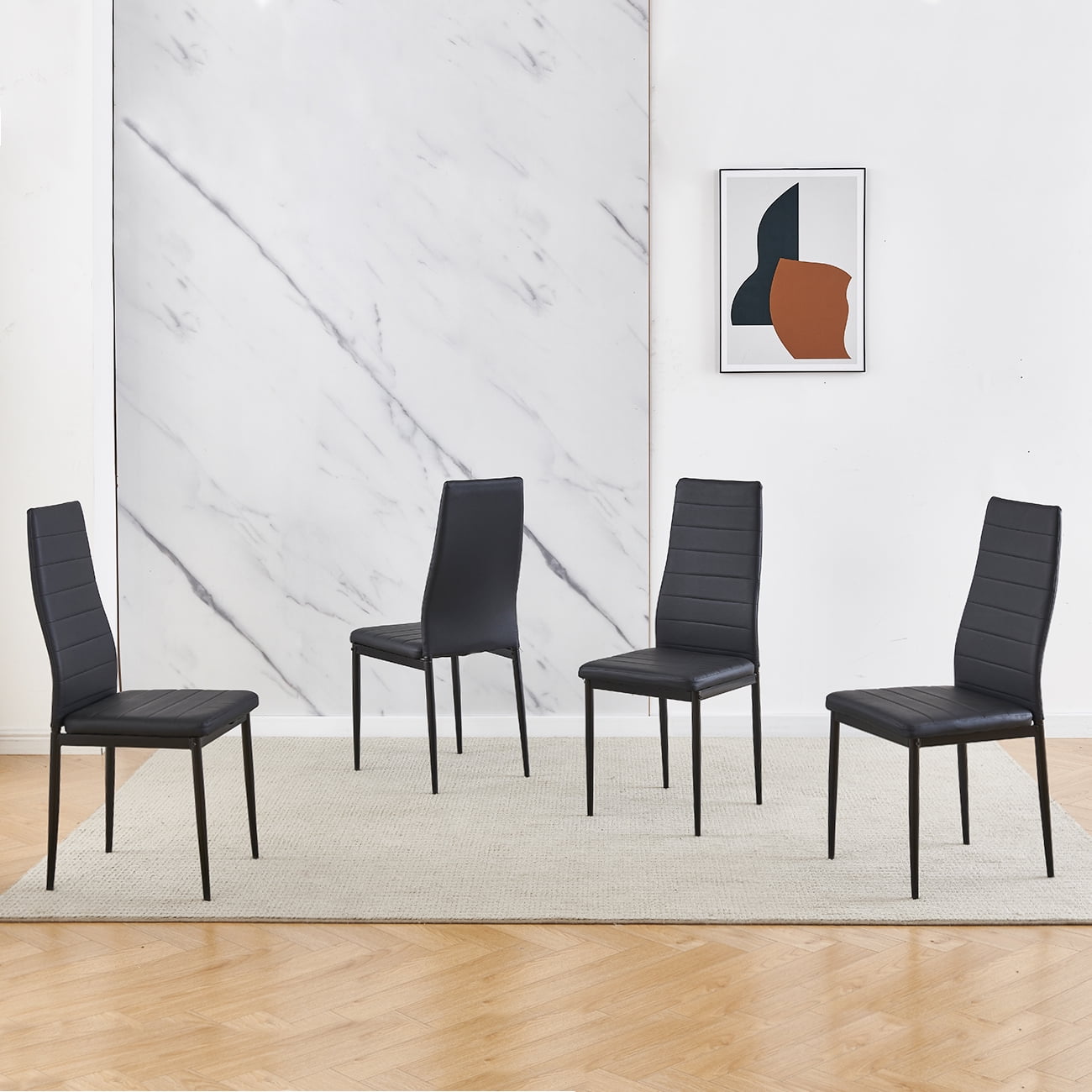 Modern Dining Room Chair Only Set of 4 Small Kitchen Chairs Black Faux Leather Metal Legs Comfy Upholstered Padded Seat Occasional Home Office Chairs