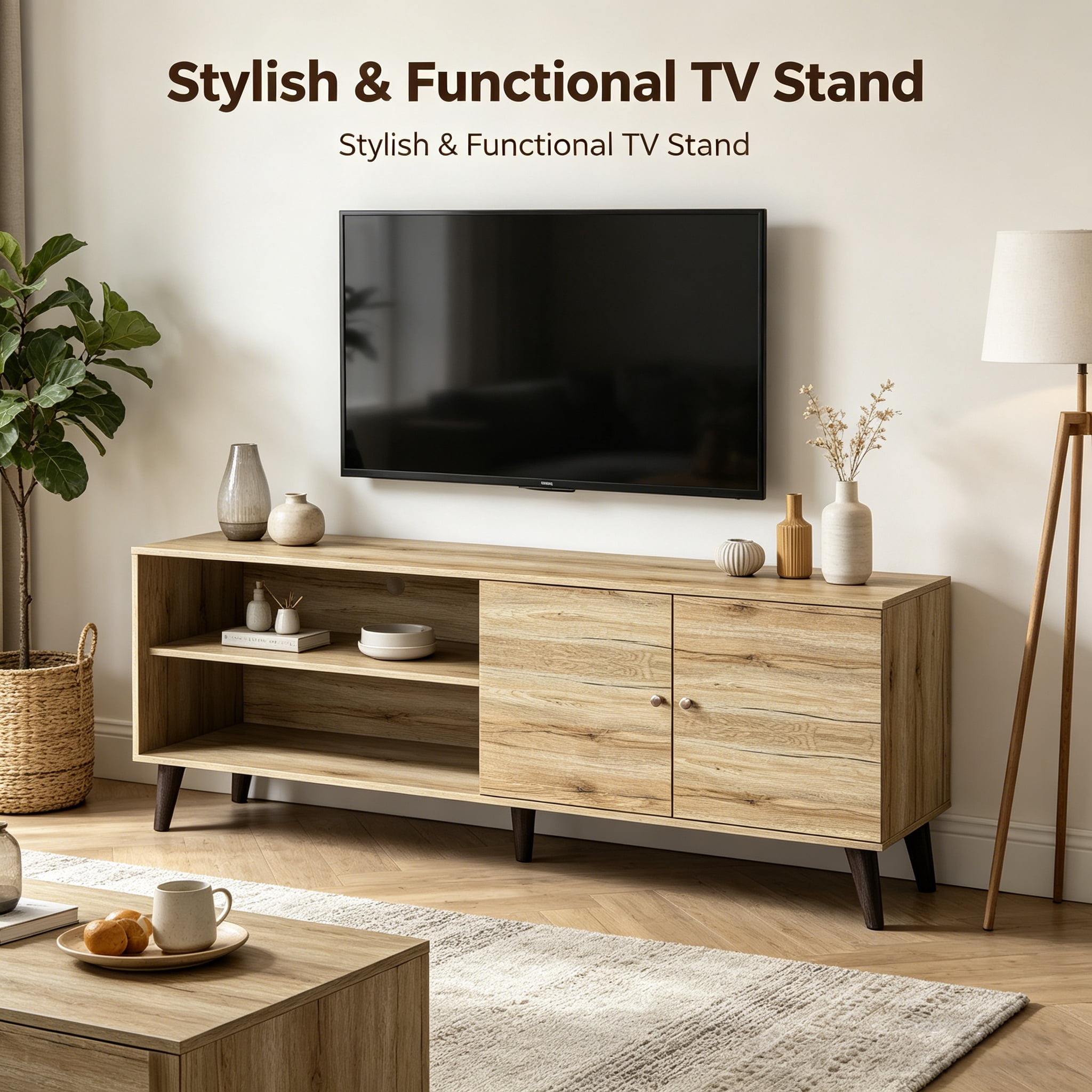 Aukfa Mid-Century Modern TV Stand for TVs up to 65", Wood Entertainment Center with 2 Doors, Low Profile Media Console,Natural