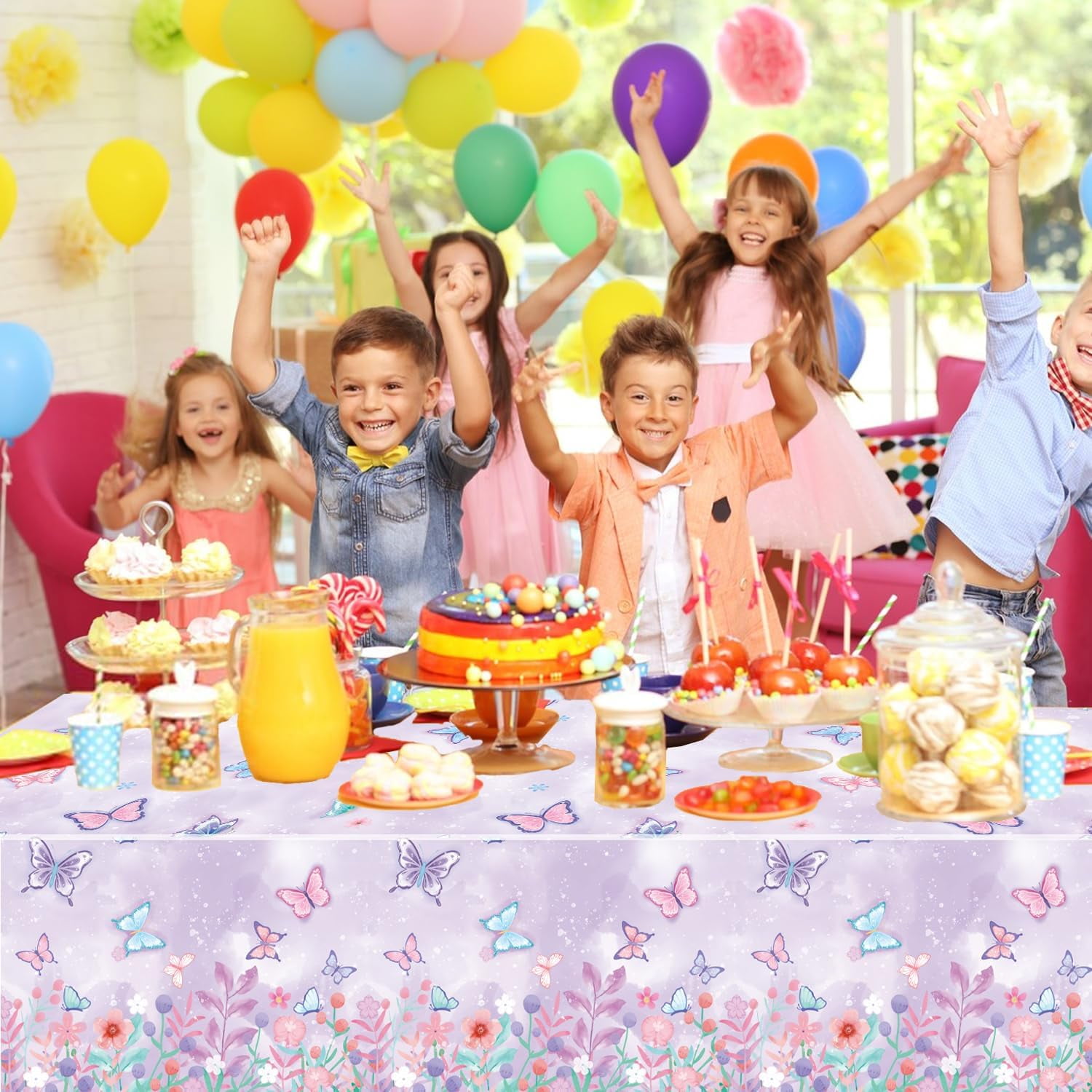 Disposable Butterfly Tablecloth Set, 4 Pack 54 X 108 Inch Plastic Table Covers For Kids And Girls Birthday Party Decorations, Butterfly Theme