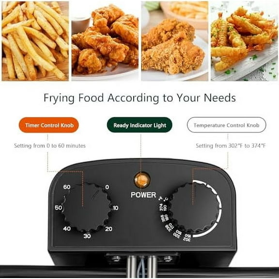 ARLIME Deep Fryer with 2 Baskets, 5.3 Qt/5L Electric Fryer with Adjustable Temperature & Timer, Removable Oil-Container & Lid w/View Window, Stainless Steel Large Deep Fryers for H