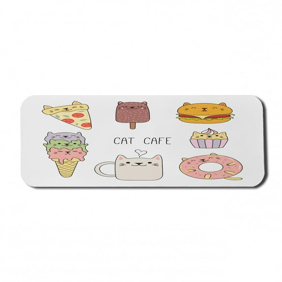 Cartoon Computer Mouse Pad, Cats Cafe Hand Drawn in Food Illustration Pizza Ice Cream Cupcakeness Theme, Rectangle Non-Slip Rubber Mousepad Large, 31" x 12" Gaming Size, Multicolor, by Ambesonne