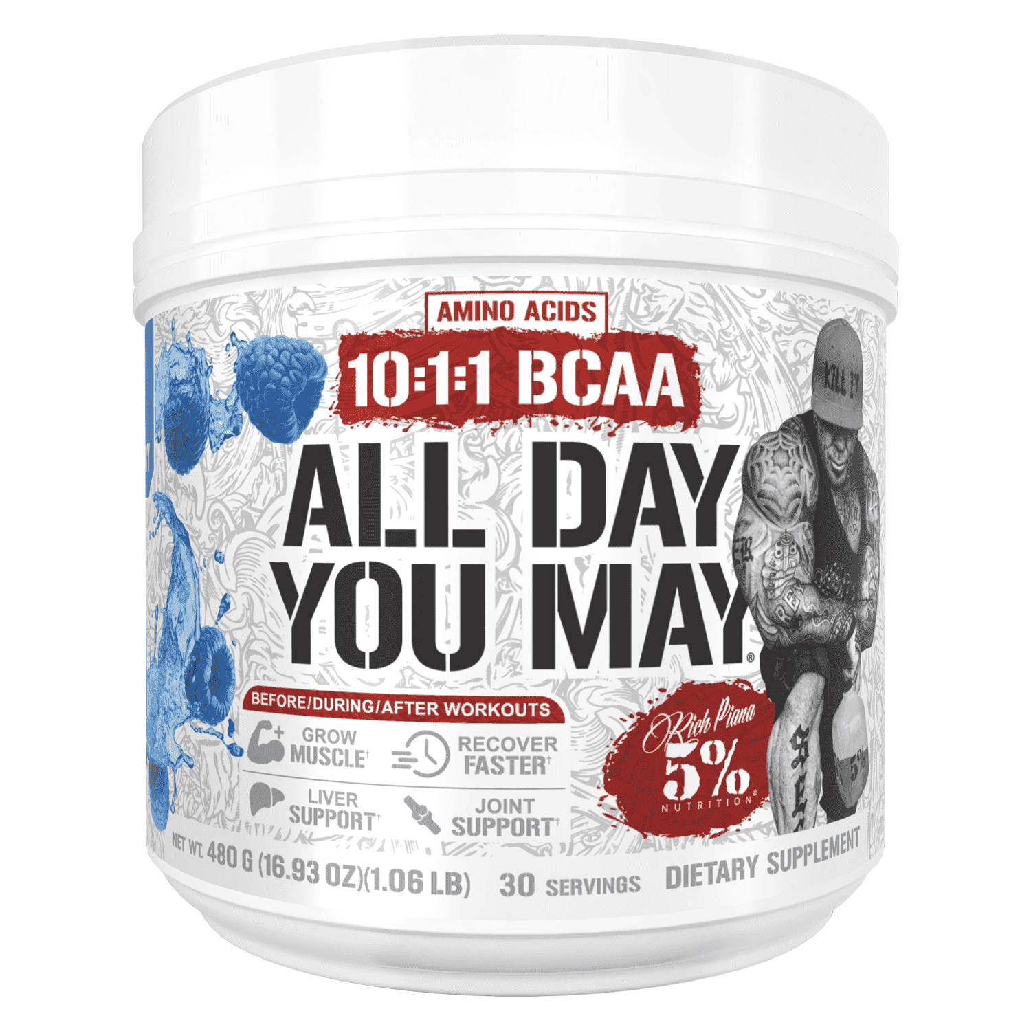 5% Nutrition AllDayYouMay BCAA Amino Acids Powder Supplement, Workout Hydration, Muscle Recovery, Joint & Liver Support - 30 Servings (Blue Raspberry)