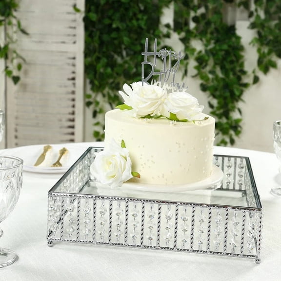 BalsaCircle Silver 14 in Metal Square Cake Stand with Glass Top and Hanging Crystal Beads Birthday Party Wedding Event Decorations