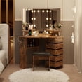 thumbnail image 1 of Ourlova Makeup Vanity Desk with Lights and Power Outlet - Corner Vanity Table with 5 Rotating Drawers/3 Color Lighting/Brightness Adjustable/Shelves and Stool - Dressing Table for Women Girls - Brown, 1 of 7