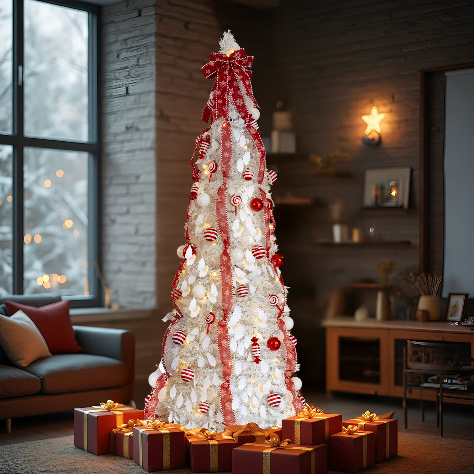 Astoutdoor 7 ft Pre-Lit Pop-Up Christmas Tree, White PVC with 170 Warm Lights and Red Ornaments