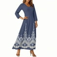 thumbnail image 5 of WTOBBY Women's Vintage Floral Print V-Neck 3/4 Sleeve A-Line Beach Dress, Waisted Midi Sundress with Casual Flowy Skirt for Vacation,Dark Blue XL, 5 of 5