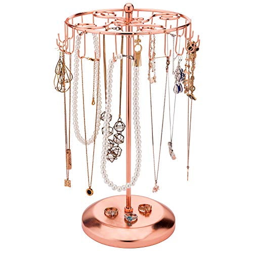 Freestanding Copper Tone Metal Rotating Jewelry Stand Organizer Display Tree with 24 Hooks for Bracelets,Necklaces,Hoop Earrings