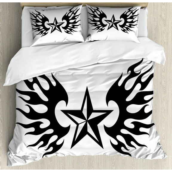 Texas Star Queen Size Duvet Cover Set, United States of America Themed Star and Flames Silhouette Abstract Design, Decorative 3 Piece Bedding Set with 2 Pillow Shams, Black and White, by Ambesonne