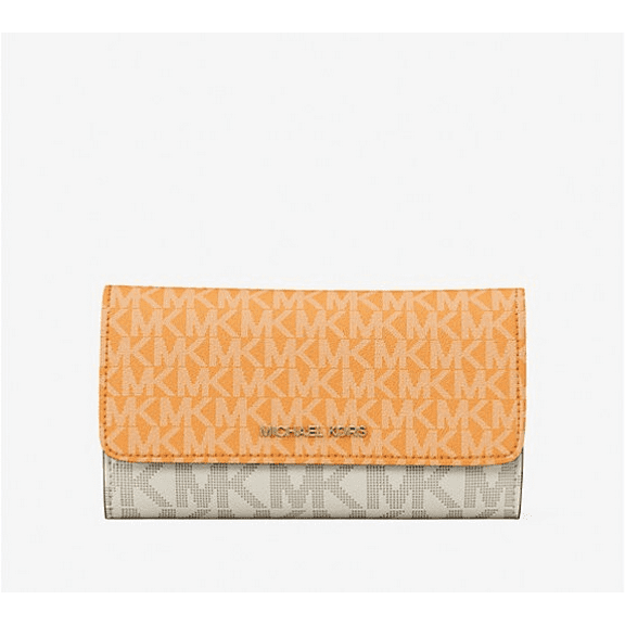Michael Kors Jet Set Travel Large Trifold Leather/PVC Wallet (Pop Orange Multi)
