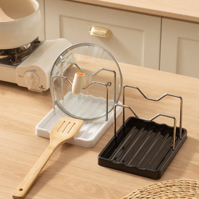Soporte para tapas de encimera de cocina con bandeja de drenaje, organizador de estanterías de acero inoxidable para tapas, platos, tablas de cortar, negro o blanco
