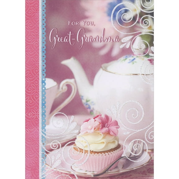 Designer Greetings White Teapot and Cupcake with White Frosting and Pink Flower Frosting Mother's Day Card for Great-Grandma