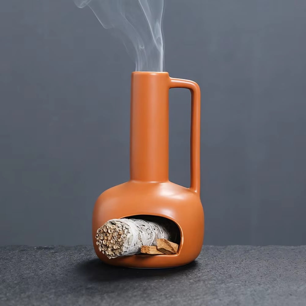 1pc Ceramic Multifunctional Home Decor Palo Santo Holder Sage Burner Incense Burner with Chimney & Handle (Without Incense)