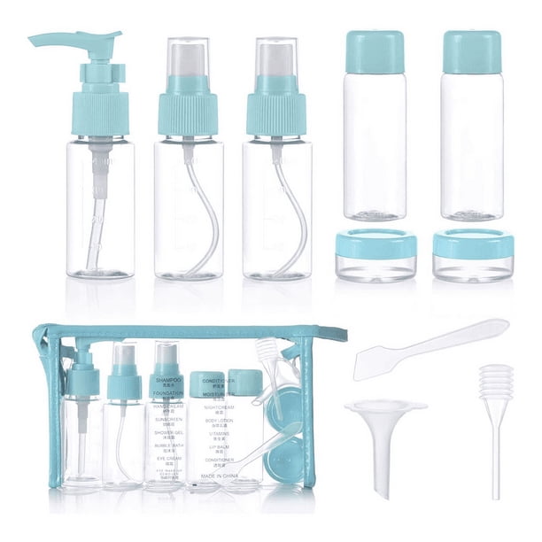 Botella de Viaje Cosmética, 10 Piezas Botellas de Viaje Vacías, Botella de Spray de Viaje Transparente para Líquidos, Kit de Viaje de Avión para Cosméticos, Champú, Gel de Ducha, Crema (Azul)