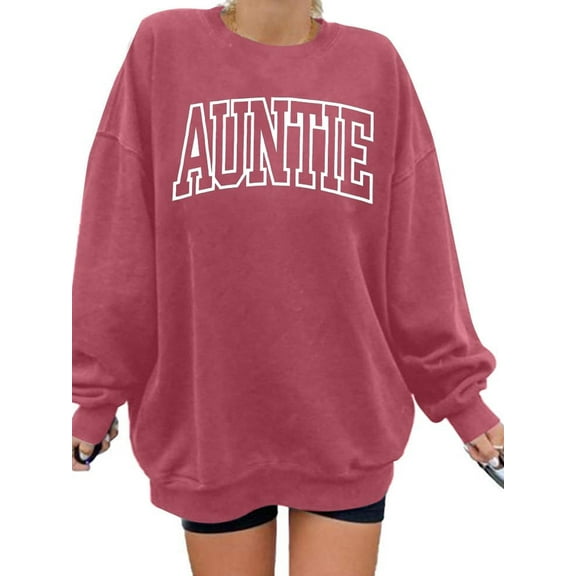 VILOVE Women Auntie Sweatshirt Cool Aunt Crew Neck Sweatshirt Auntie Letter Print Long Sleeve Pullover Top, Pink