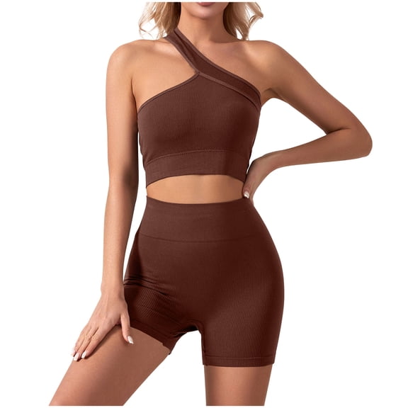 Karymi Short Sleeve Shirts for Women Ribbed 2-Piece Workout Set, One Shoulder Crop Top Sports Bra High Waist Seamless Biker Shorts, Tummy Control Gym Yoga Outfit Womens Tops