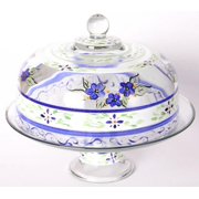 Blue Floral Hand Painted Glass Convertible Cake Dome 11"