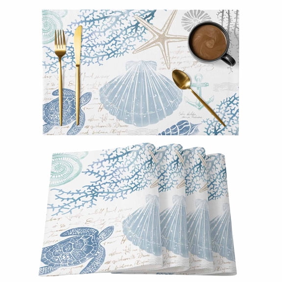 Blue Coastal Nautical Placemats Set of 2,Cotton Linen Fabric Place Mats,Beach Sea Turtle Ocean Coral Starfish Decorative Table Mats Protector for Home Kitchen Dining Wedding Party Coffee Tables
