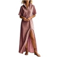 thumbnail image 5 of Women's Maxi Dress, Casual V-Neck Short Sleeve Striped Print with Side Split, Lightweight Flowy Dress for Summer Beach or Resort Wear, 2026 New Limited-time Offer, 5 of 6