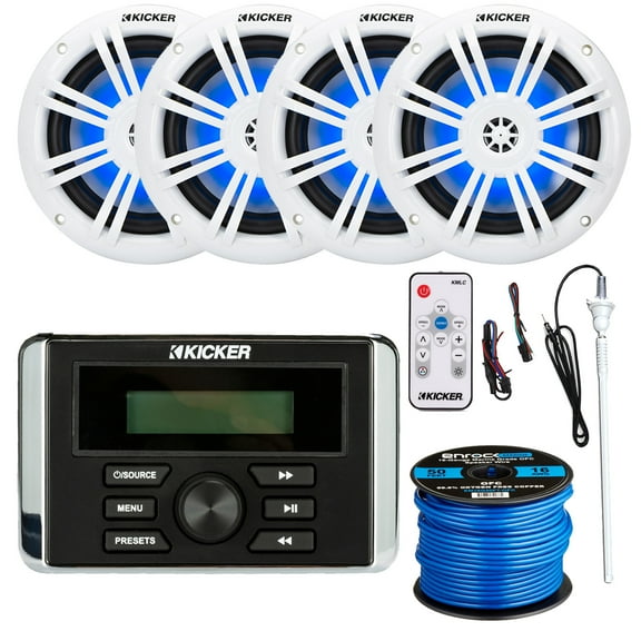 Kicker KMC3 Weather-Resistant Gauge-Style USB AM/FM Bluetooth Digital Media Receiver, 4x 6.5" 150 Watts Max Power 4O RGB LED Marine Coaxial Speakers W/LED Controller, Radio Antenna, Speaker Wire