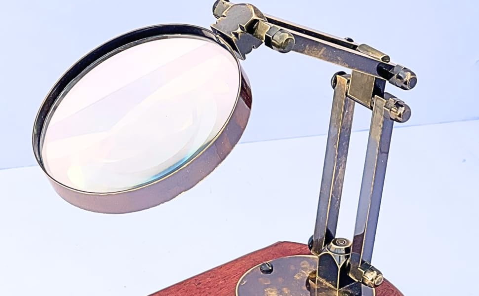 Antique Brass Victorian Magnifying Glass Desktop Decorative Reading Movable Magnifier on Wooden Base