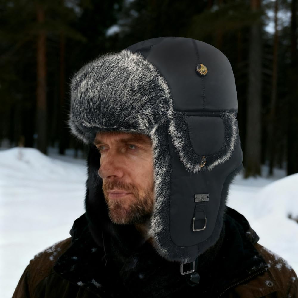 HEYANN Winter Trapper Hat,Wool Faux Fur Aviator Ski Trapper Trooper Pilot Snow Eskimo Hat with Ear Flaps for Men & Women