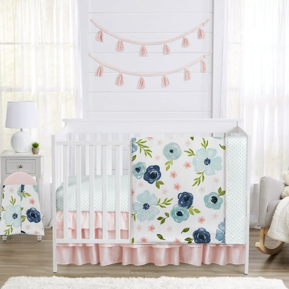 Sweet Jojo Designs Watercolor Floral Pink, Blue, Green and White 4 Piece Crib Bedding Set