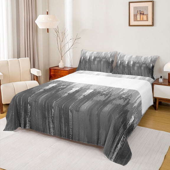 Homewish Painting Graffiti Twin Sheet Sets,Minimalist Stripes Lines Twin Fitted Sheet,Gray White Flat Sheet For Girl Boys,Super Cozy Room Decor,3 Pieces