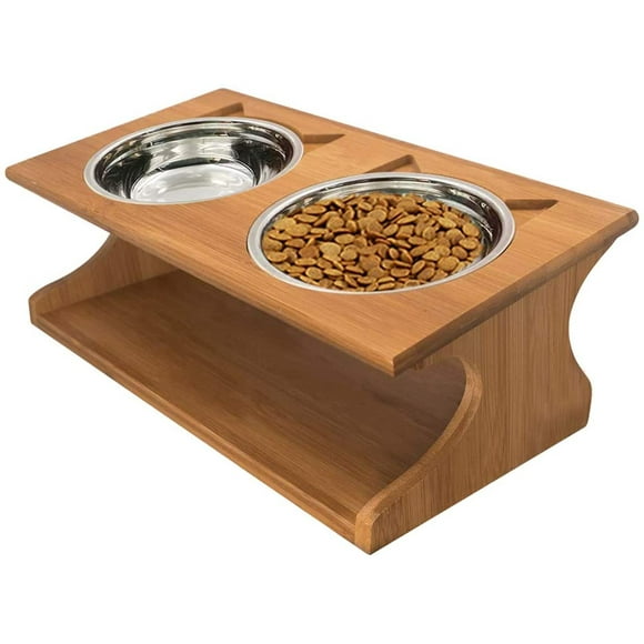 Cat Bowl, Cat and Dog Bowls, Natural Bamboo Cat Dog Food and Water Bowls, Cat and Dog Food Bowls, Raised Pet Feeder, Non-slip Cat Bowls with Stand, Pet Bowl Stand with 2 Ceramic Bowls (Classic Style)