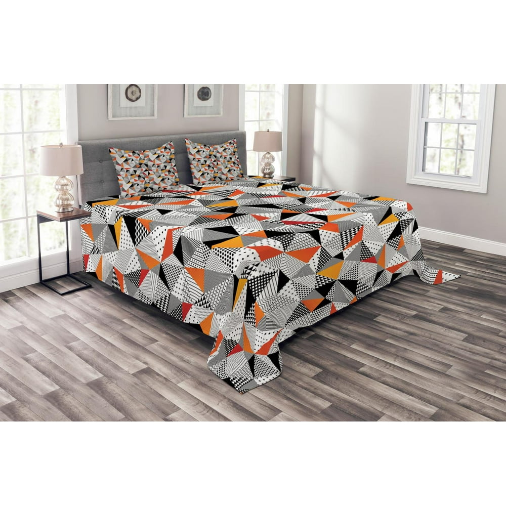 Geometric Bedspread Set King Size, Polygonal Pattern Checkered Design