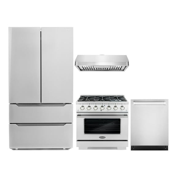 Cosmo 4 Piece Kitchen Appliance Packages with 36" Freestanding Gas Range 36" Under Cabinet Range Hood 24" Built-in Integrated Dishwasher & French Door Refrigerator Kitchen Appliance Bundles