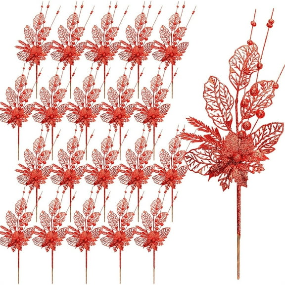 10 Pcs Christmas Tree Picks Sprays Stem,Artificial Glitter Stem Ornaments,Decorative Branches,for DIY Xmas Tree Wreath,Holiday,Wedding,Home Decoration (Red)